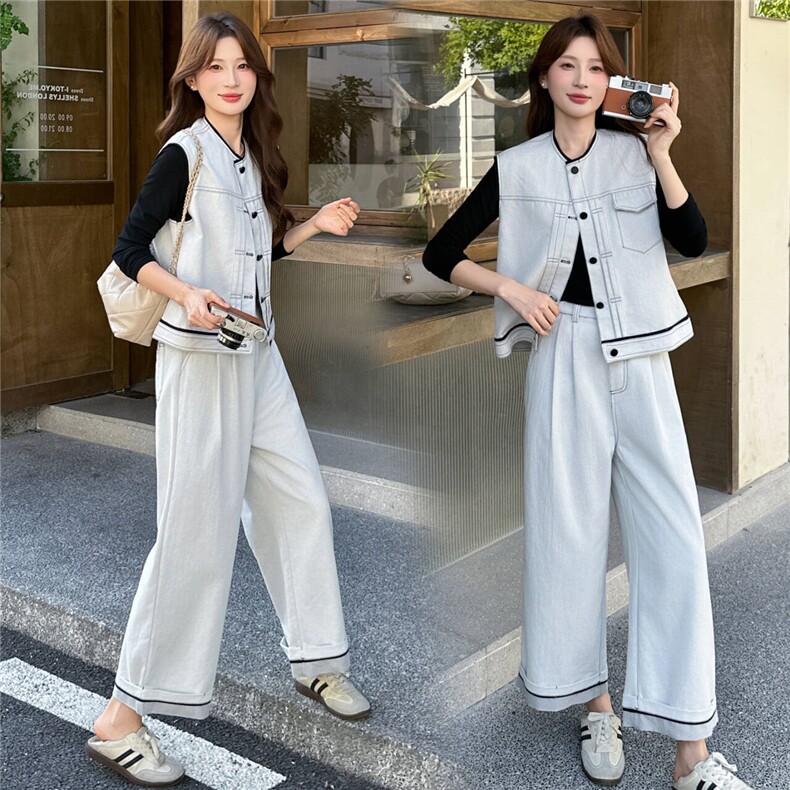 牛仔套装女2025秋季新款韩版拼接小个子工装马甲阔腿裤两件套图片
