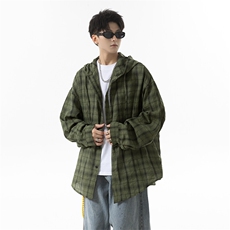 夏季连帽格子防晒衬衣男宽松美式痞帅休闲情侣长袖衬衫P50控78，男装防晒衣，星座516