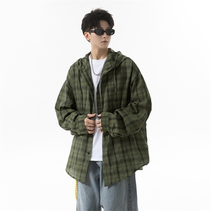 夏季连帽格子防晒衬衣男宽松美式痞帅休闲情侣长袖衬衫 P50控78，男装防晒衣，星座516