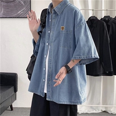 牛仔短袖衬衫男夏季港风宽松半袖外套ins潮流炸街衬衣CS1352-p45，男装衬衫，星座1008