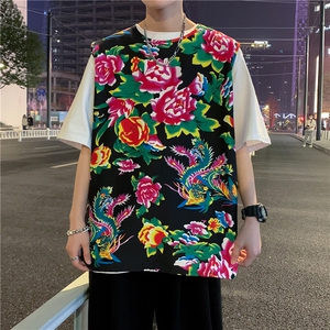 夏季大码东北大花布男背心坎肩运动马甲男装风民族牡丹花MJ01图片