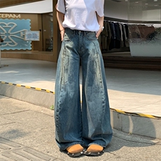 美式复古水洗高腰弯刀牛仔裤女新款设计感宽松显瘦阔腿裤拖地裤，男装牛仔裤，星座1210-1