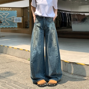 美式复古水洗高腰弯刀牛仔裤女新款设计感宽松显瘦阔腿裤拖地裤图片