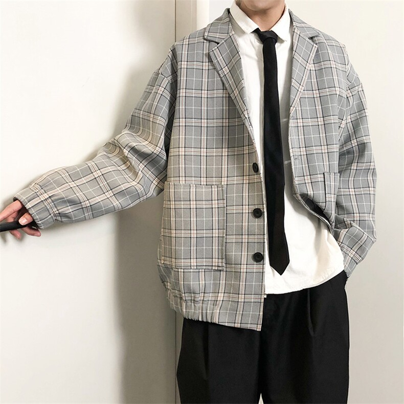 春季网红宽松小西装外套男韩版潮流ins格子休闲西服 A071-X02-P80图片