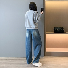 高级感时尚潮流套装女春新款修身显瘦圆领刺绣上衣牛仔长裤两件套，女装套装/套裙，2C310