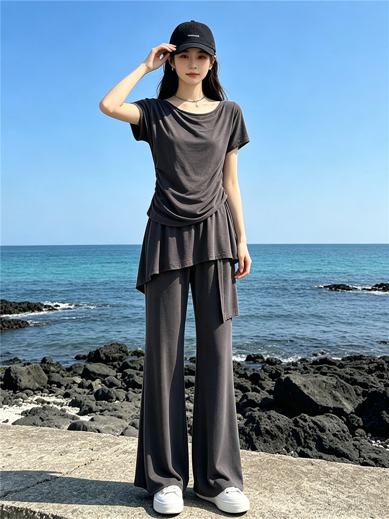 韩版时尚休闲套装女夏季新款斜肩收腰短袖上衣蕾丝屁帘长裤两件套,女装套装/套裙,江南