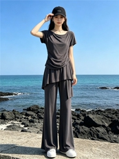 韩版时尚休闲套装女夏季新款斜肩收腰短袖上衣蕾丝屁帘长裤两件套，女装套装/套裙，江南