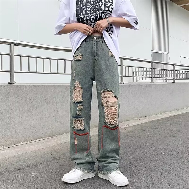 复古破洞牛仔裤男士夏季薄款高街乞丐直筒裤ins潮牌港风阔腿裤子，男装牛仔裤，星座1013
