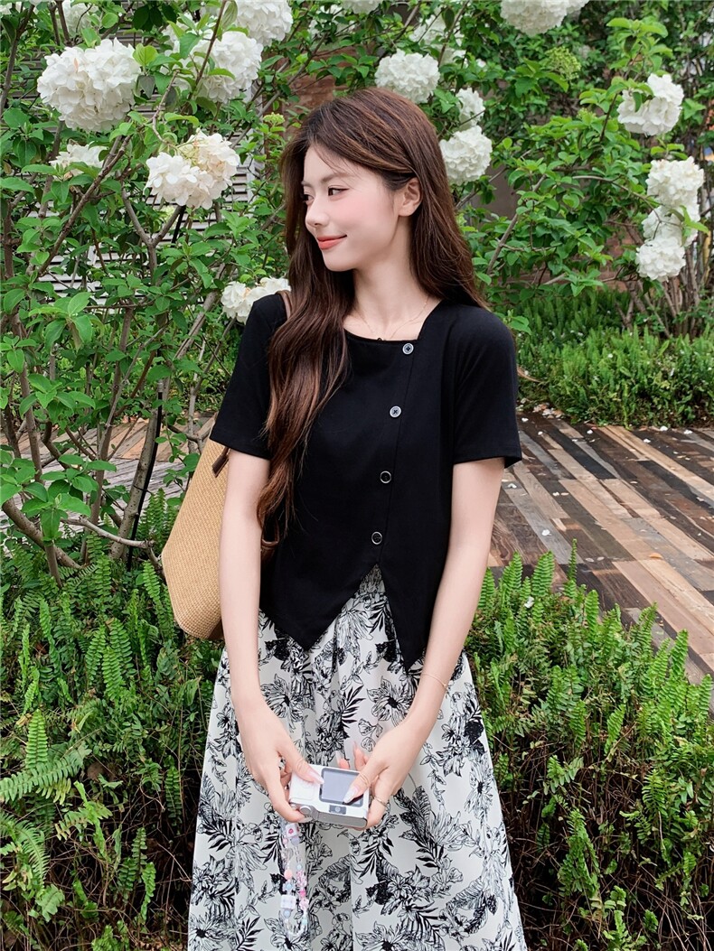 气质水墨印花套装女夏装不规则方领T恤短袖半身裙子两件套潮,女装套装/套裙,艾米莉亚