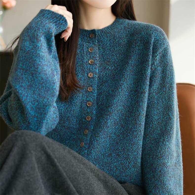 2025年秋季常规通勤长袖时尚百搭提前就业休闲蓝眼泪开衫，女装针织衫/毛衣，唐诺