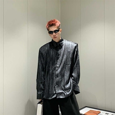 2025春潮牌设计感衬衫男士翻领条纹时尚简约痞帅宽松黑色衬衣外套，男装衬衫，星座506A