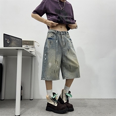 美式复古阔腿五分牛仔短裤男女夏季宽松休闲直筒中裤D07888-P48，男装牛仔裤，星座308B-1