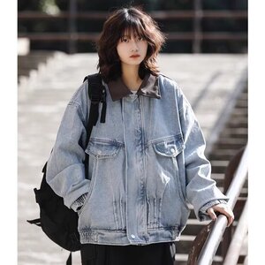 2575-P74 美式复古撞色翻领水洗牛仔夹克男春秋宽松休闲工装外套图片