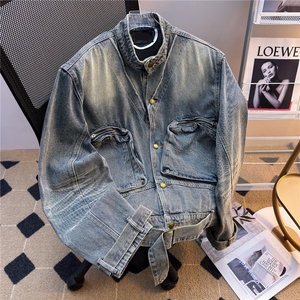 JK8969-P78 秋冬美式复古牛仔外套男女宽松百搭重工做旧立领图片
