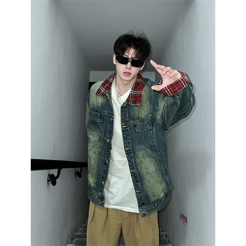 现货2000件牛仔外套复古撞色翻领休闲牛仔夹克拼接外套，男装工装外套，星座301D-2(原星座1004-1）