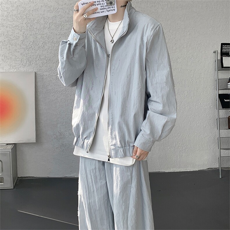 春秋男士韩系设计款牛仔割洞提花重工水洗长袖外套上衣P78，男装工装外套，电商B319