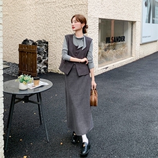老钱风穿搭灰色马甲套装女秋季2025新款高级感打底衫半身裙三件套，女装套装/套裙，2C029