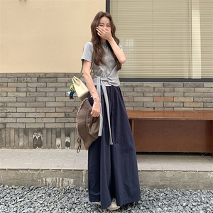 设计感不规则短袖套装女2025夏新款休闲系带上衣显瘦阔腿裤套装女图片