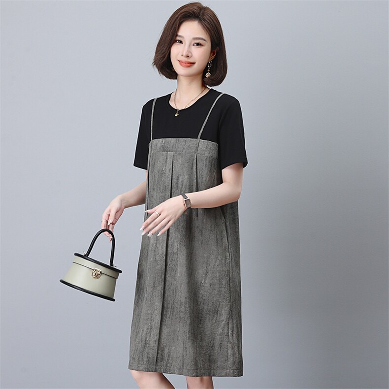 撞色拼接假两件连衣裙夏女2024新款轻熟风宽松小个子中长款T恤裙,女装连衣裙,江忆布依