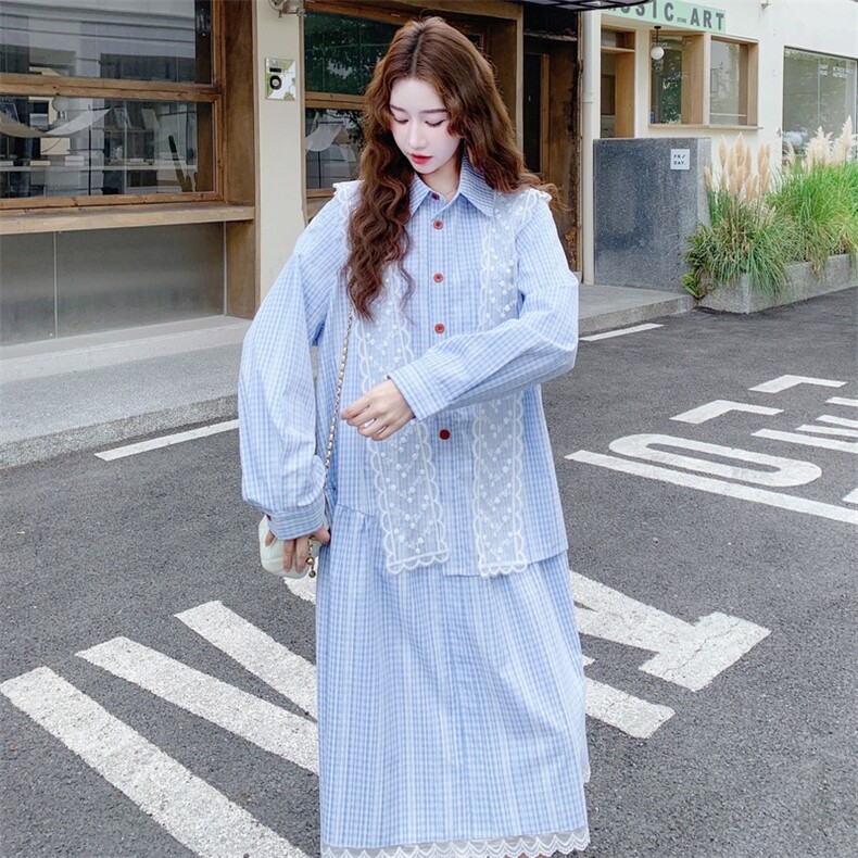 减龄少女感条纹蕾丝拼接连衣裙2025秋季气质日系温柔甜美风衬衫裙,女装连衣裙,2D116