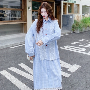 减龄少女感条纹蕾丝拼接连衣裙2025秋季气质日系温柔甜美风衬衫裙图片