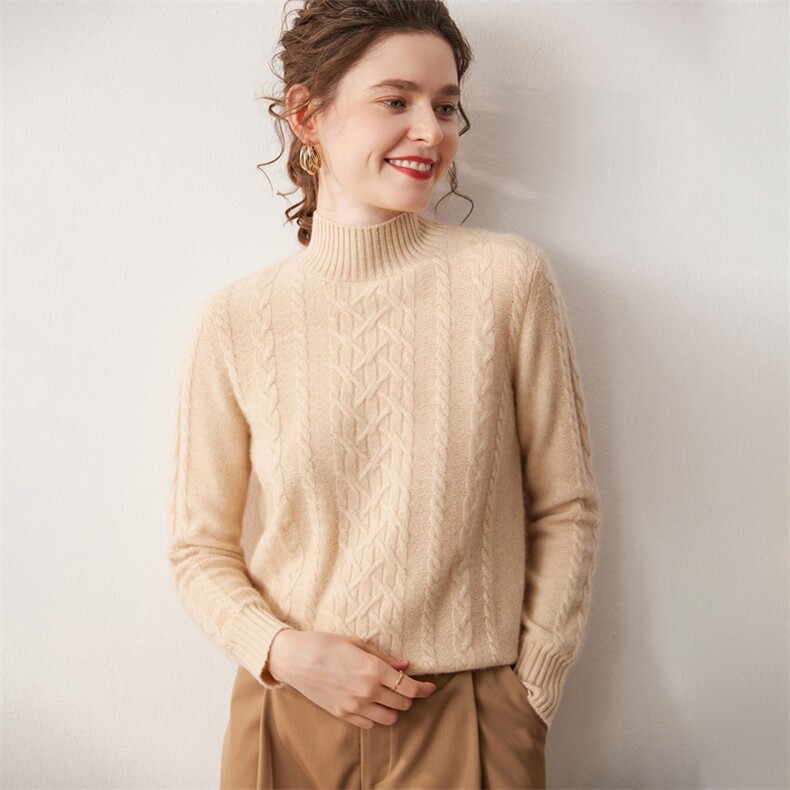 2025年秋季常规款常规长袖套头半高领夹护舒适时尚百搭绞花，女装针织衫/毛衣，宛咚羊绒