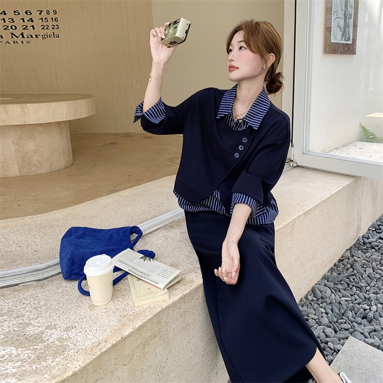 藏青色假两件条纹polo领卫衣女秋季2025新款休闲显瘦半身裙两件套,女装套装/套裙,2C129