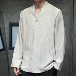 2025春夏棉麻男装新中式V领盘扣衬衫唐装风亚麻衬衣C176-P65图片