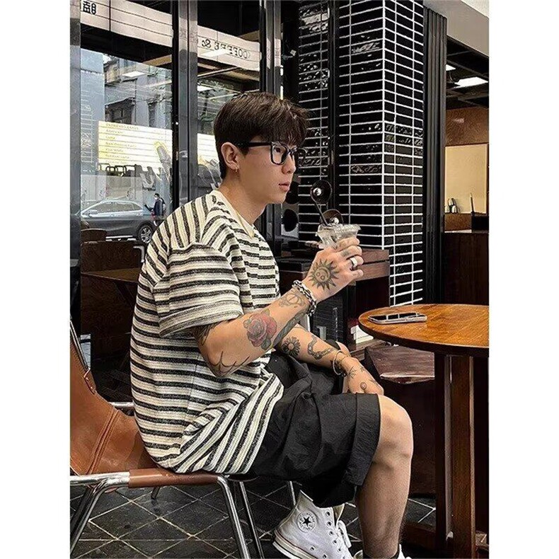 W9463-P50网图现货高品质面料混色条纹T恤美式复古宽松休闲短袖,男装T恤,星座1608-2