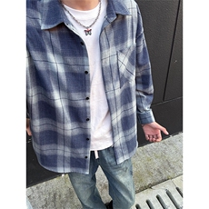 美式蓝色格子衬衫男春季高街潮牌青少年长袖衬衣25XC33170特批30，男装衬衫，电商A042