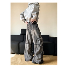 美式复古多口袋工装牛仔裤男女街头做旧水洗阔腿裤子潮N08124-P80，男装牛仔裤，星座308B-2