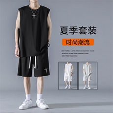 透气无袖t恤夏季冰丝速干短袖短裤百搭套装TZ86-特批68109，男装T恤，星座718