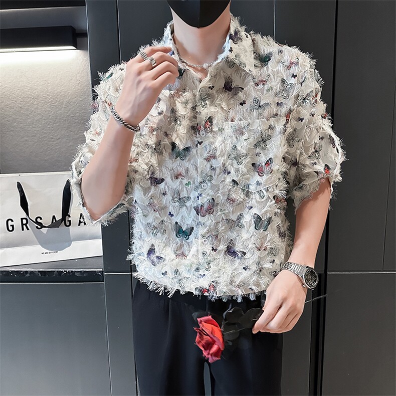 小伙宽松冰丝蝴蝶垂感衬衫男度假风短袖复古花衬衣A236--P50,男装衬衫,电商A236
