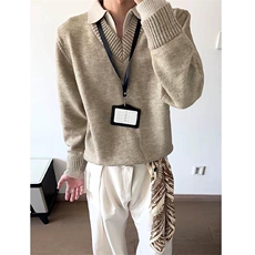 重磅北极绒假两件衬衫领毛衣美式高街复古休闲慵懒纯色翻领针织衫，男装针织衫/毛衣，电商A486-1