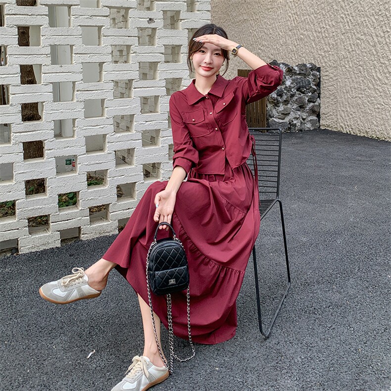 红色衬衫短上衣套装春秋女2025新款复古时髦遮肉显瘦半身裙两件套,女装套装/套裙,2C205
