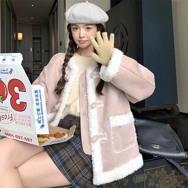 粉色皮毛一体羊羔毛短外套女2024秋冬新款小个子立领加厚保暖棉服,女装短外套,浙宝295A