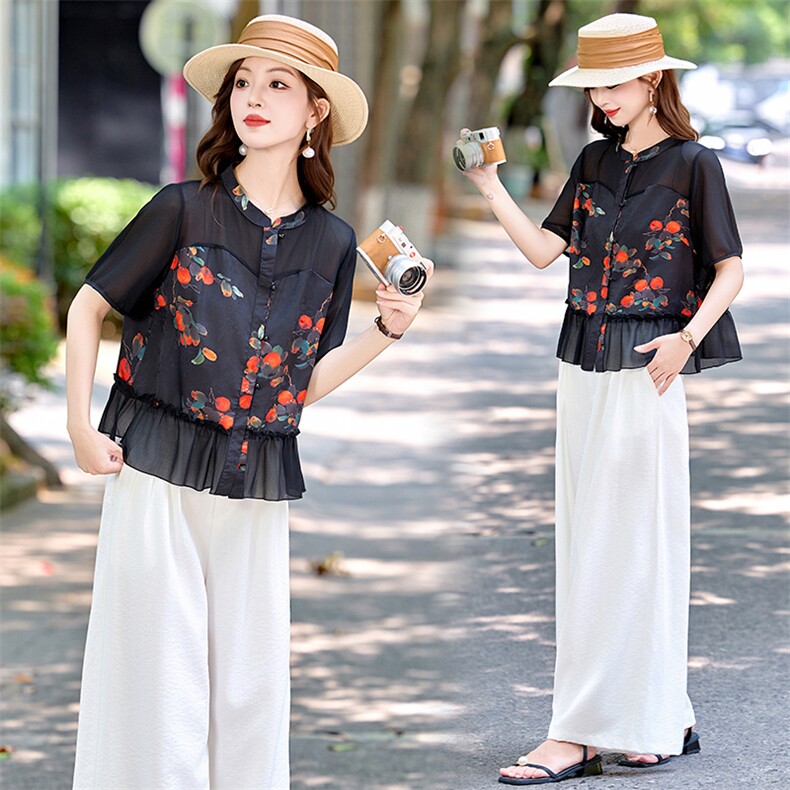 （现货）夏季新款时尚印花衬衫阔腿裤两件套裤,女装套装/套裙,恋慕依尚