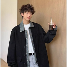 网络图牛仔拼接西装夹克上衣2025春款翻领外套XZ212-QJK288-P85，男装夹克，星座212