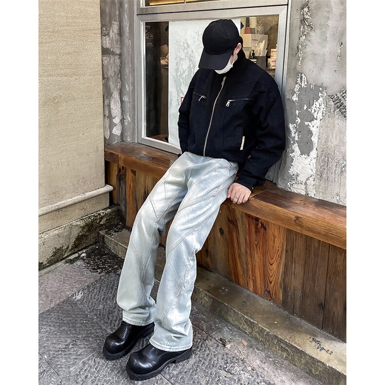 不规则设计感直筒牛仔裤男士痞帅炸街时尚阔腿水洗老爹裤子,男装牛仔裤,星座410-7