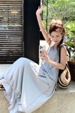 2025天丝清凉韩系无袖背心木耳边花苞裙P155K235，女装套装/套裙，1D066-1