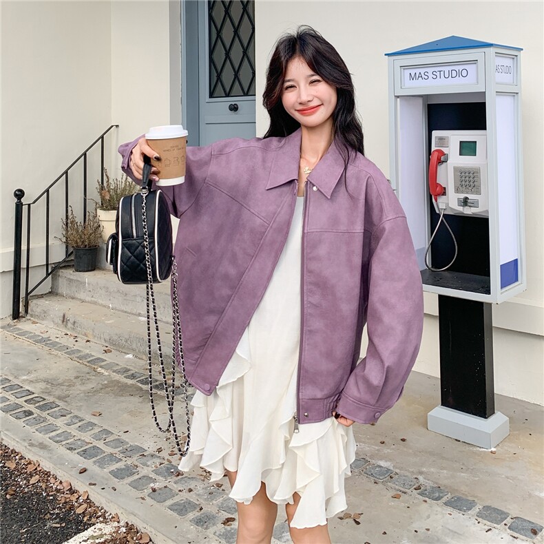 时髦复古翻领紫色皮衣外套女2025新款秋季甜美洋气减龄超火PU夹克,女装短外套,2C198