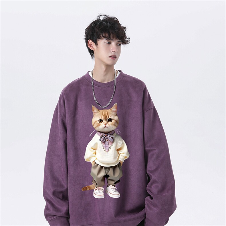 抖音得物高品质日系猫咪麂皮绒宽松圆领卫衣wyjp4048-特p35控69,男装卫衣,星座605(原A050)