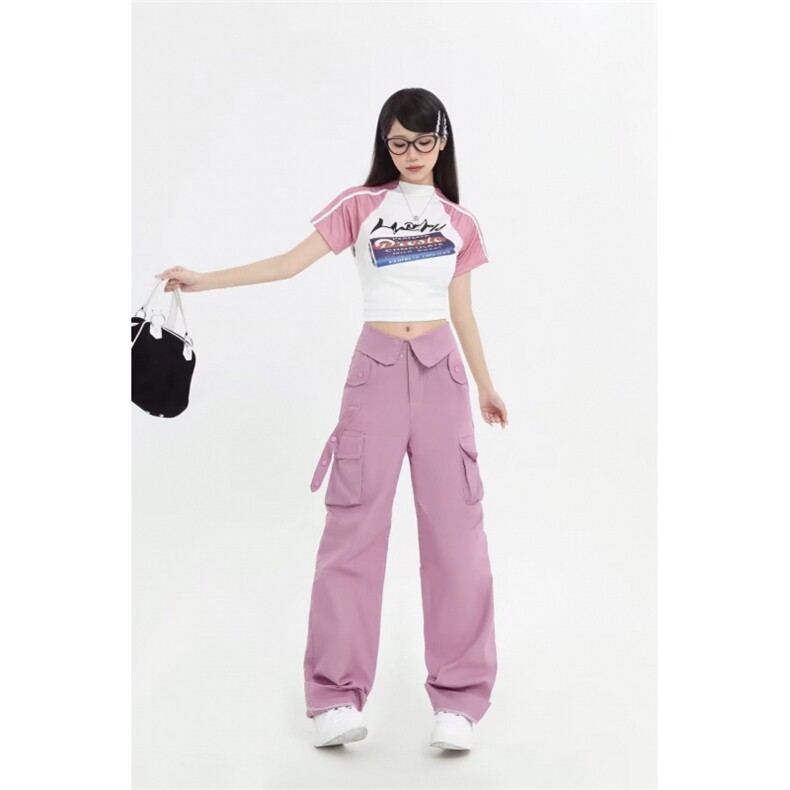 粉色个性街头直筒美式工装裤女新款高腰口袋工装阔腿裤AK18P58,男装休闲裤,星座1116-2