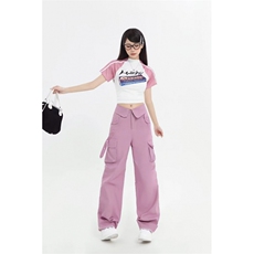 粉色个性街头直筒美式工装裤女新款高腰口袋工装阔腿裤AK18P58，男装休闲裤，星座1116-2