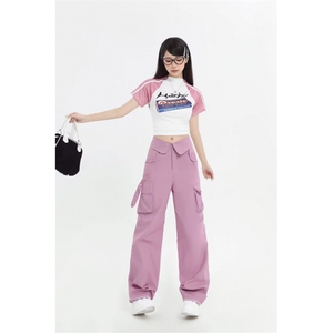 粉色个性街头直筒美式工装裤女新款高腰口袋工装阔腿裤AK18 P58图片