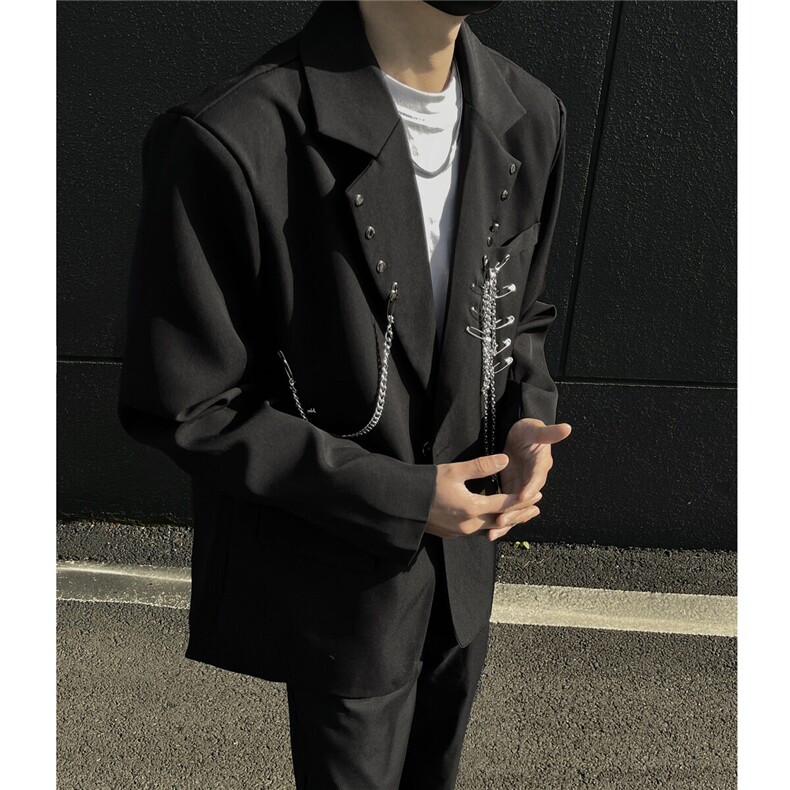 ZX029-P100小众设计感链条黑色西装外套男女宽松廓形中性垫肩西服,男装西服,电商C233