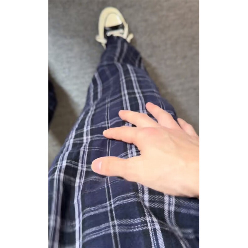 高街蓝色格子裤子男夏季薄款复古垂感微弯刀裤高腰冰丝直筒休闲裤,男装休闲裤,星座601-1