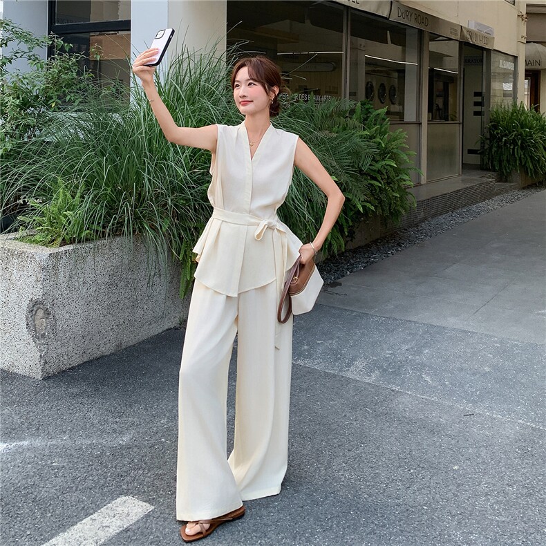 新款现货主推夏季无袖气质套装女老钱风阔腿裤清冷感韩系两件套,女装套装/套裙,网红馆