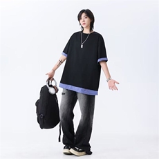 韩版简约假两件格纹撞色拼接圆领短袖上衣潮牌百搭T恤男女-T788，男装T恤，星座601-1