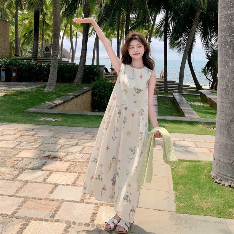 针织开衫碎花无袖背心连衣裙女夏2025新款甜美风海边度假长裙,女装连衣裙,2C093